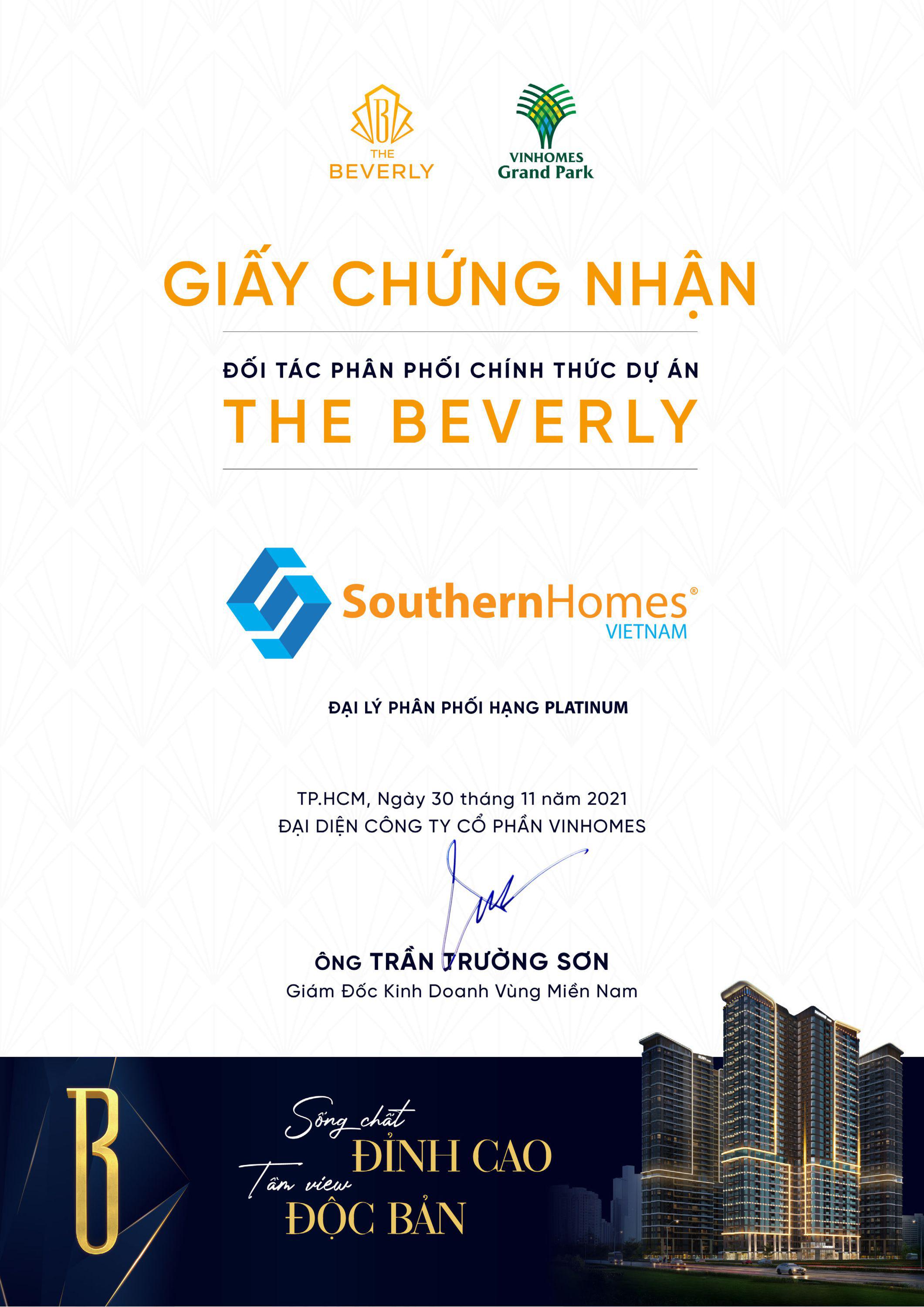 SouthernHomes Việt Nam - Đại lý Platinum phân phối căn hộ cao cấp The Beverly - Vinhomes Grand Park